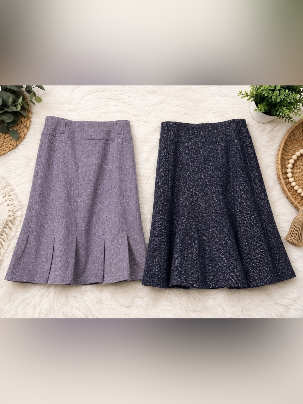 ANN TAYLOR 2pc Trumpet Skirt Bundle Lavender & Navy Wool Blend Tweed Flare